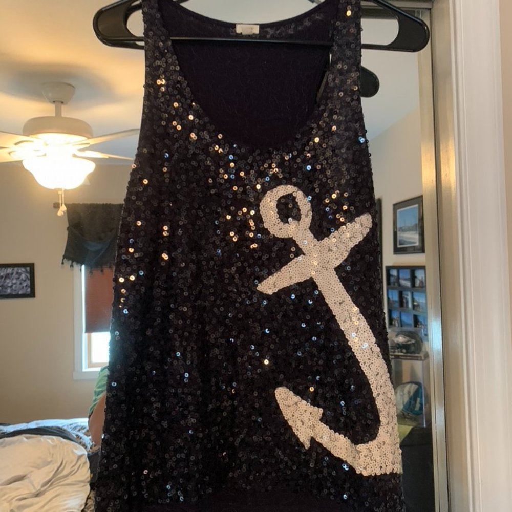Navy and White Sequin Anchor Tank Top
